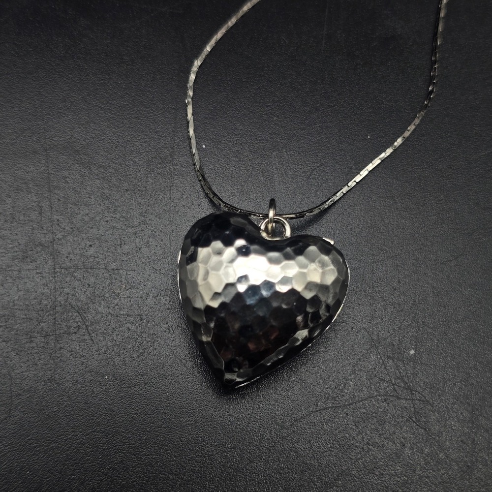 Silver Tone Hammered Heart Pendant Necklace Vintage Costume Jewelry